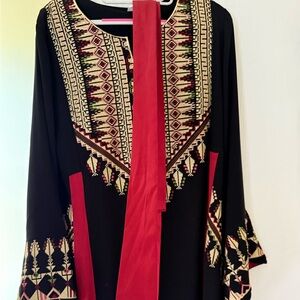 Thobe, Henna, Elegant Black and Red Embroidered Maxi Dress